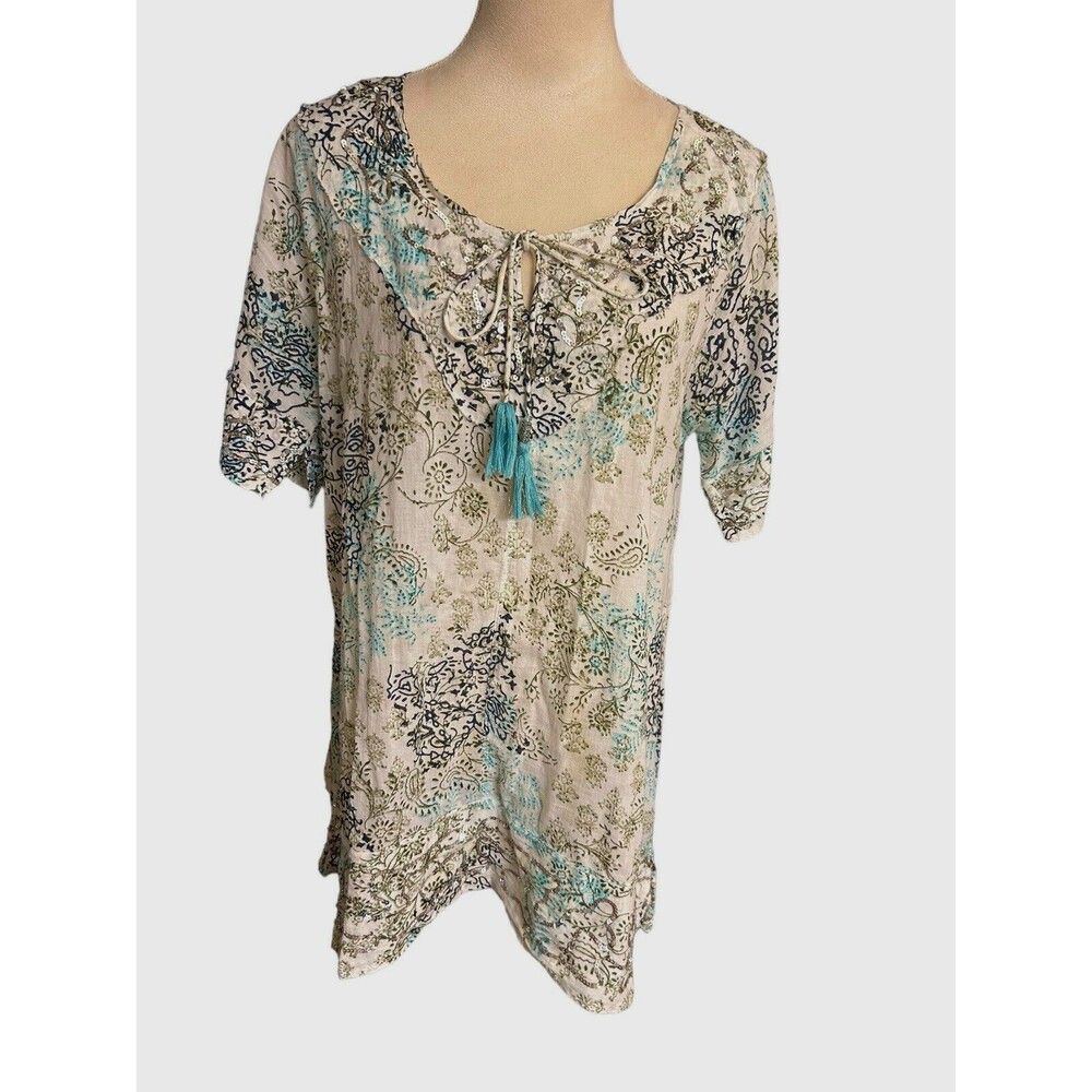 Soft Surroundings Pure Paradise Sequins Beaded Tassels Tunic Paisley Cotton S
